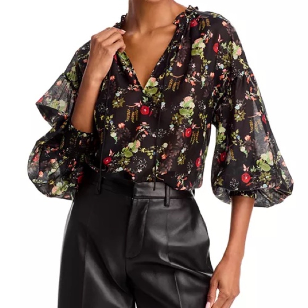 Alice + Olivia Black Floral Julius Smocked Blouse